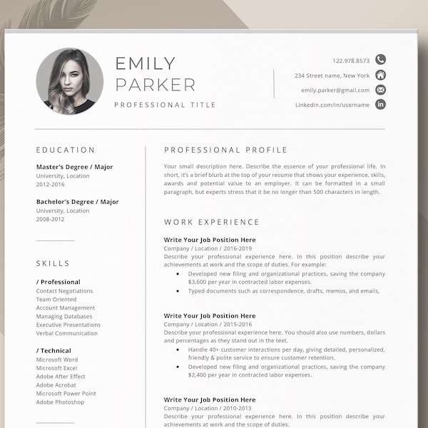 Professional One Page Resume Template, Clean Resume Template for Word, CV Template + Cover Letter, 3 Pages CV, Instant Download Word Resume