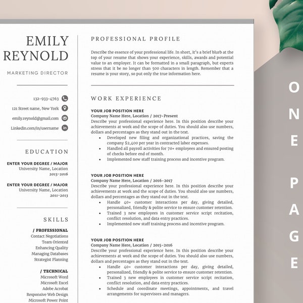 One Page Professional Resume CV Template | Simple Resume Template 1  Page Template Modern Cv Template Word | Clean Resume Template 1 Page