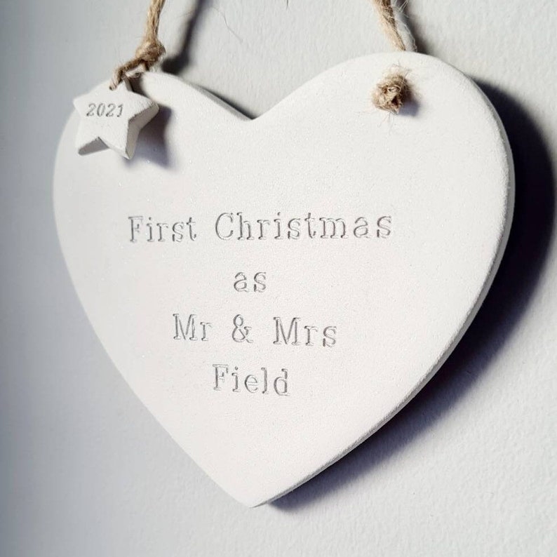 Personalised handmade clay new parents, first Christmas as Mr & Mrs, married, couple, together, tree decoration, bauble image 5