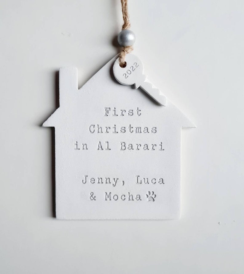 Personalised first Christmas in new home decoration house holiday ornament festive tree decoration clay house and key ornament image 6