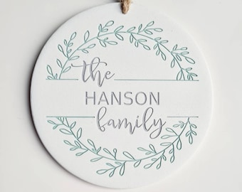 Personalised family wreath ornament - clay circular hanging family decoration - home decor for new family - established since