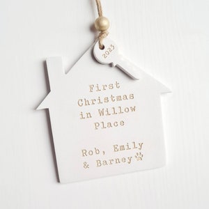 Personalised first Christmas in new home decoration - house holiday ornament - festive tree decoration - clay house and key ornament