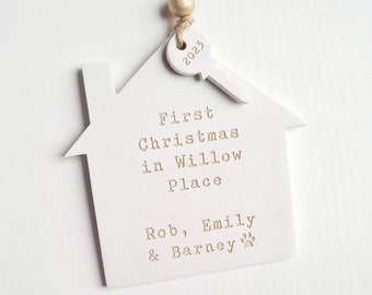 Personalised first Christmas in new home decoration - house holiday ornament - festive tree decoration - clay house and key ornament