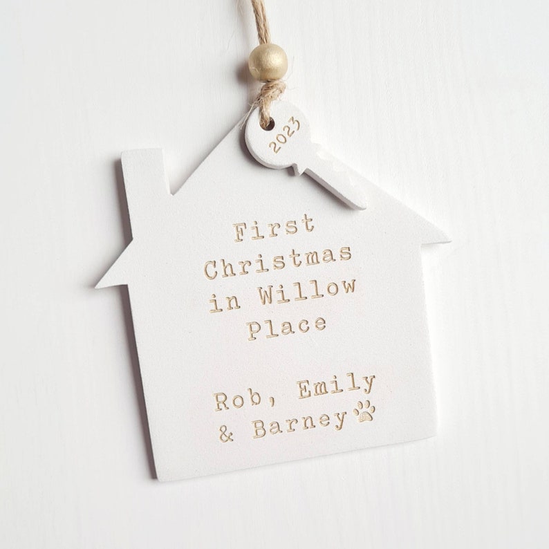 Personalised first Christmas in new home decoration house holiday ornament festive tree decoration clay house and key ornament Gold