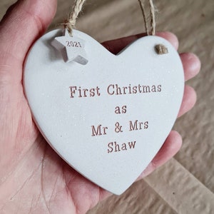 Personalised handmade clay new parents, first Christmas as Mr & Mrs, married, couple, together, tree decoration, bauble image 9