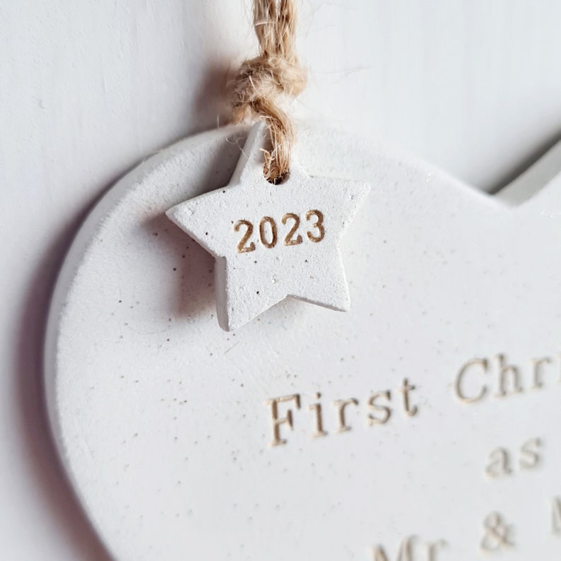 Personalised handmade clay new parents, first Christmas as Mr & Mrs, married, couple, together, tree decoration, bauble image 4
