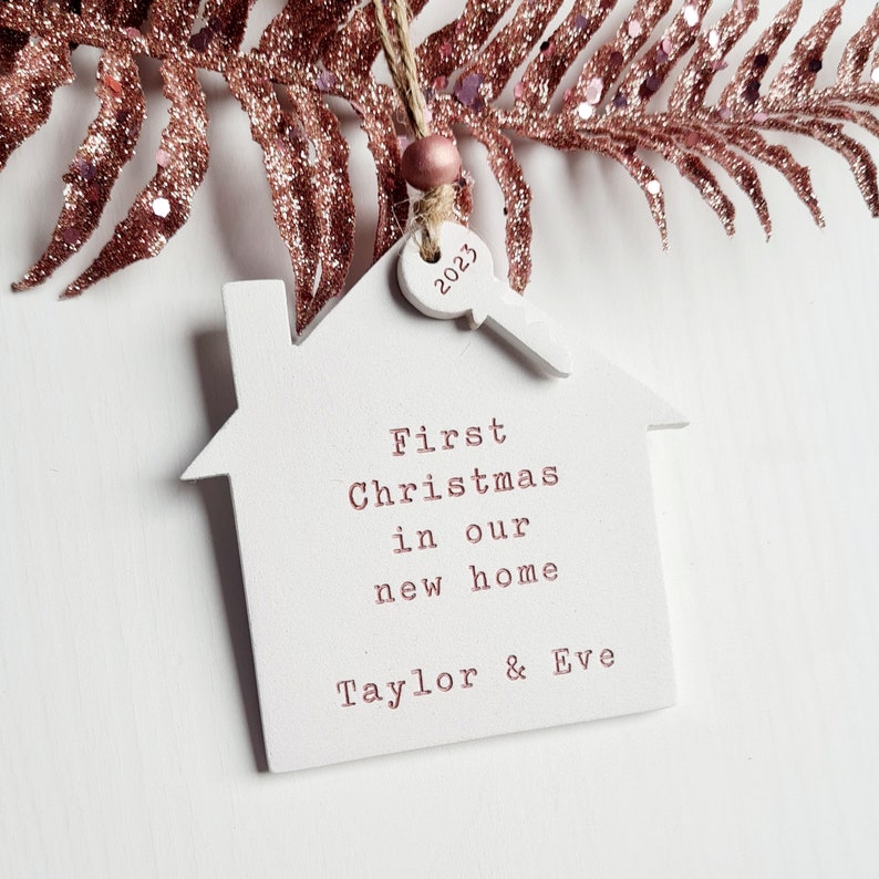 Personalised first Christmas in new home decoration house holiday ornament festive tree decoration clay house and key ornament Rose gold