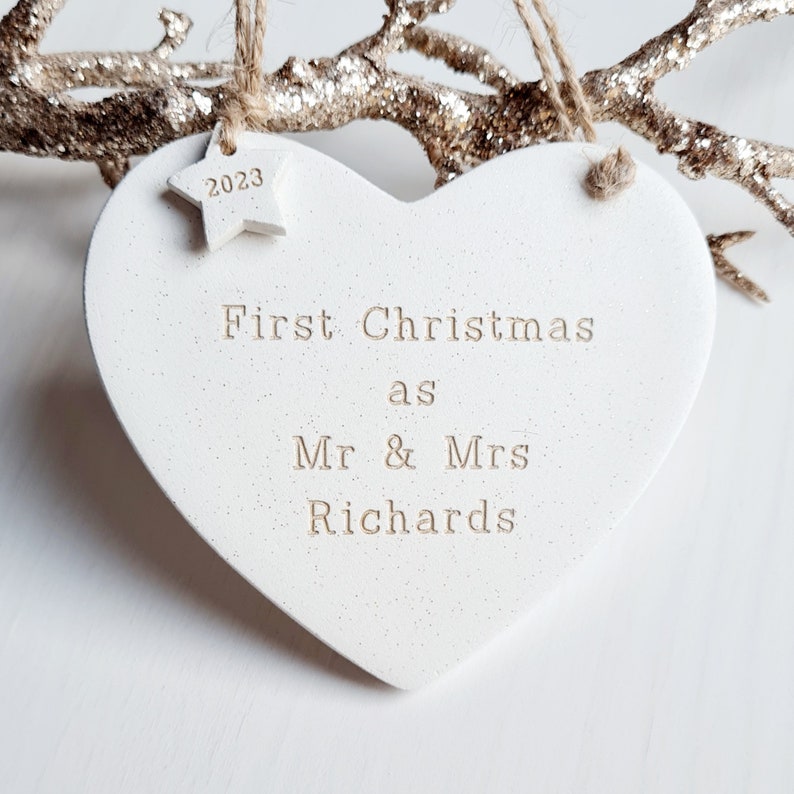Personalised handmade clay new parents, first Christmas as Mr & Mrs, married, couple, together, tree decoration, bauble Gold