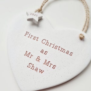 Personalised handmade clay new parents, first Christmas as Mr & Mrs, married, couple, together, tree decoration, bauble image 7