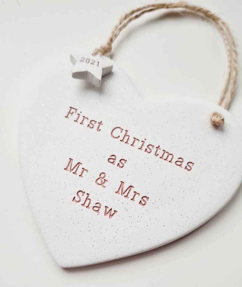 Personalised handmade clay new parents, first Christmas as Mr & Mrs, married, couple, together, tree decoration, bauble image 7