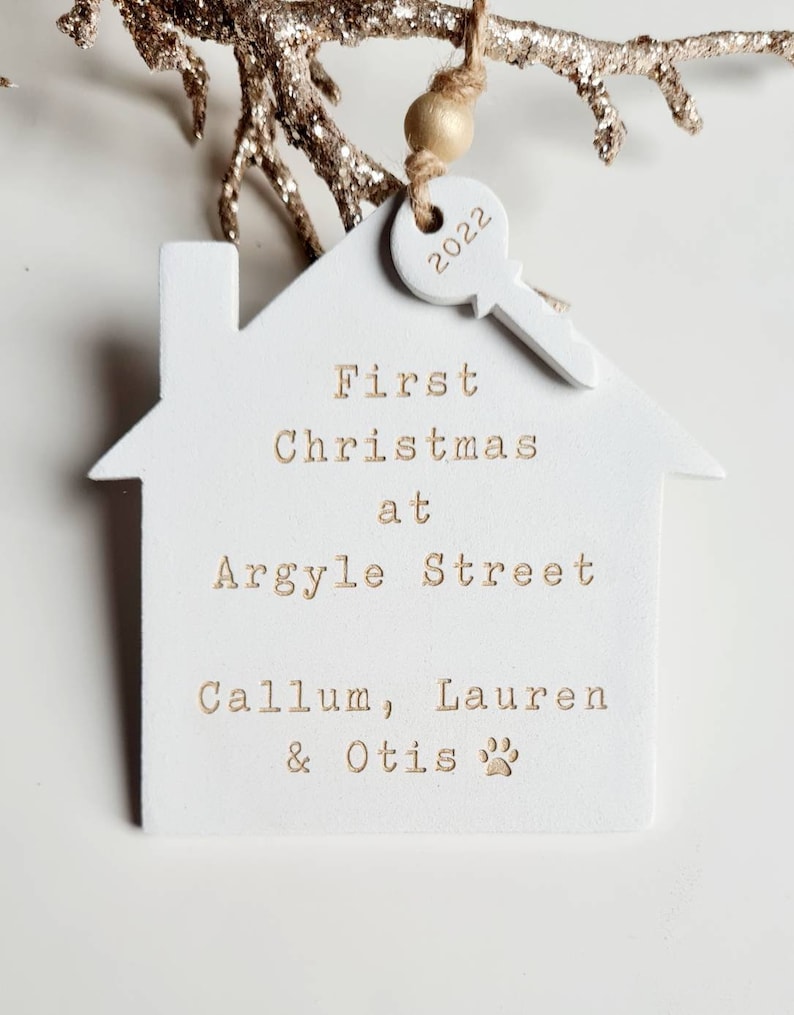 Personalised first Christmas in new home decoration house holiday ornament festive tree decoration clay house and key ornament image 5