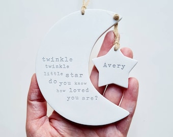 Twinkle twinkle little star personalised new baby gift - moon and star nursery decor -  handmade keepsake on birth of a baby