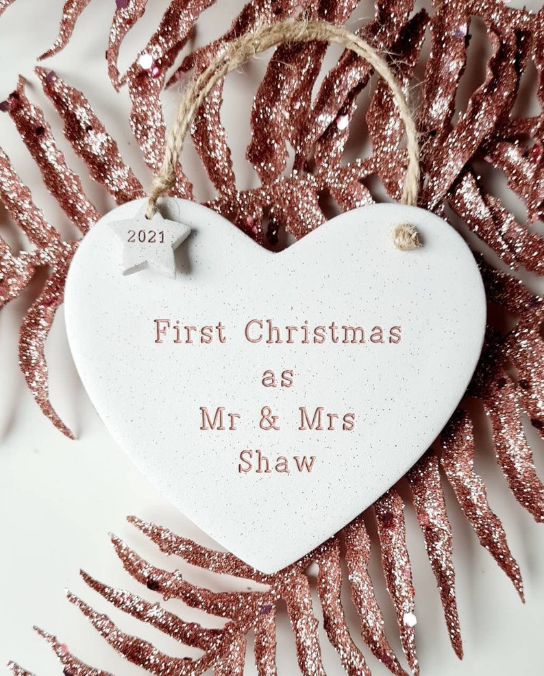 Personalised handmade clay new parents, first Christmas as Mr & Mrs, married, couple, together, tree decoration, bauble Rose gold