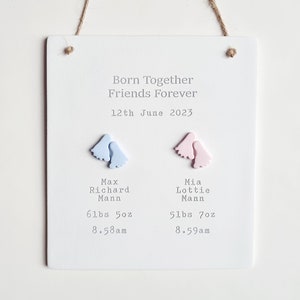 Twins birth gift plaque - personalised handmade nursery decor - born together friends forever - multiples baby gift