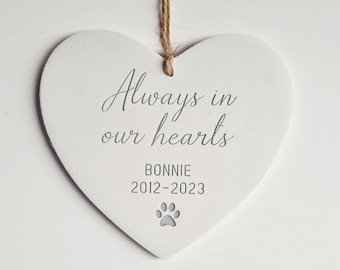 Loss of dog memorial heart ornament - loss of pet paw print keepsake - always in our hearts ceramic
