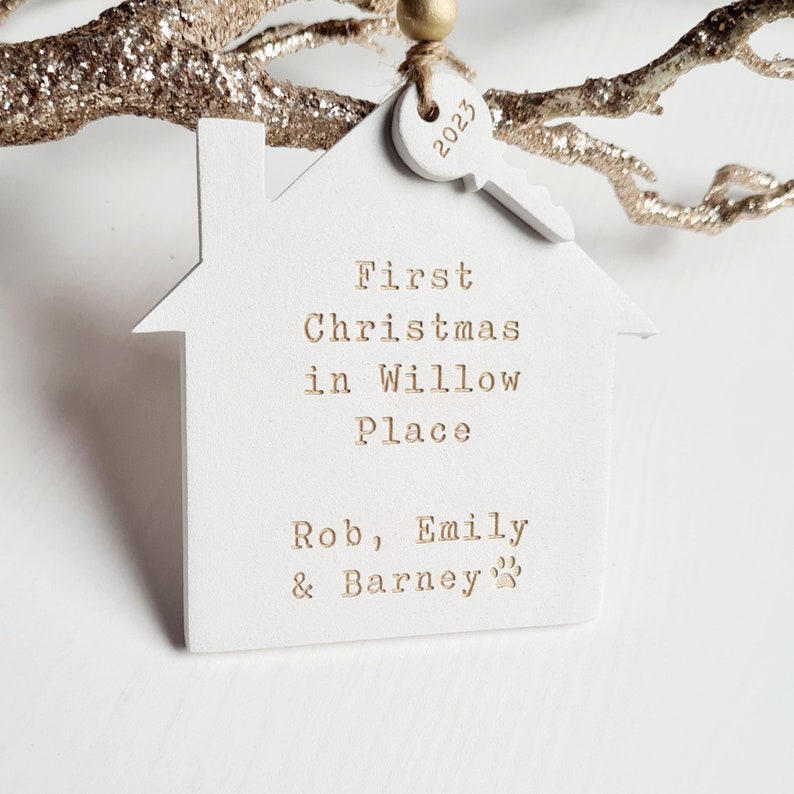 Personalised first Christmas in new home decoration house holiday ornament festive tree decoration clay house and key ornament image 7