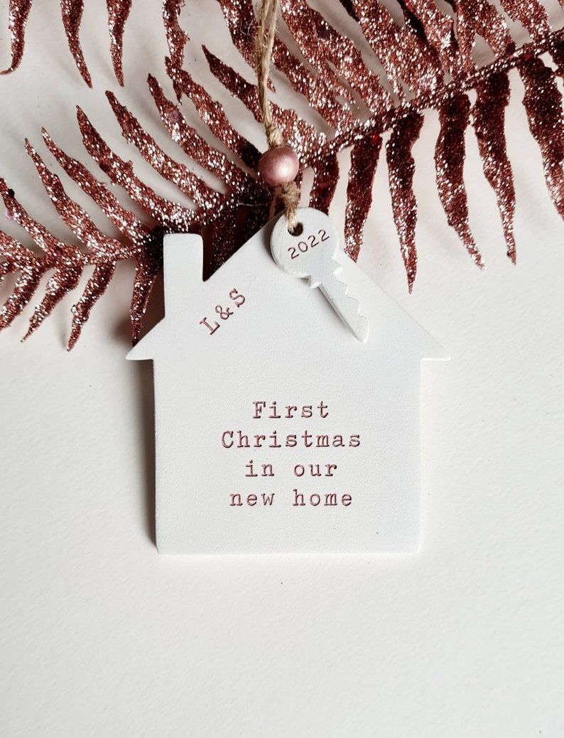 Personalised first Christmas in new home decoration house holiday ornament festive tree decoration clay house and key ornament image 8