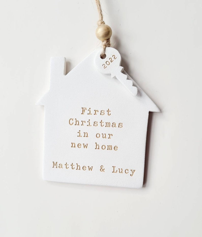 Personalised first Christmas in new home decoration house holiday ornament festive tree decoration clay house and key ornament image 9