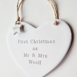 Personalised handmade clay new parents, first Christmas as Mr & Mrs, married, couple, together, tree decoration, bauble Silver