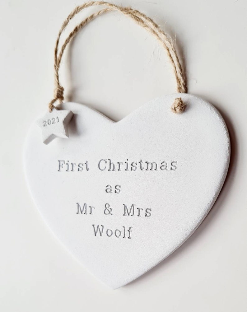 Personalised handmade clay new parents, first Christmas as Mr & Mrs, married, couple, together, tree decoration, bauble Silver