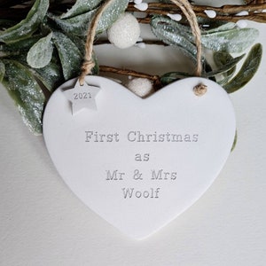 Personalised handmade clay new parents, first Christmas as Mr & Mrs, married, couple, together, tree decoration, bauble image 6