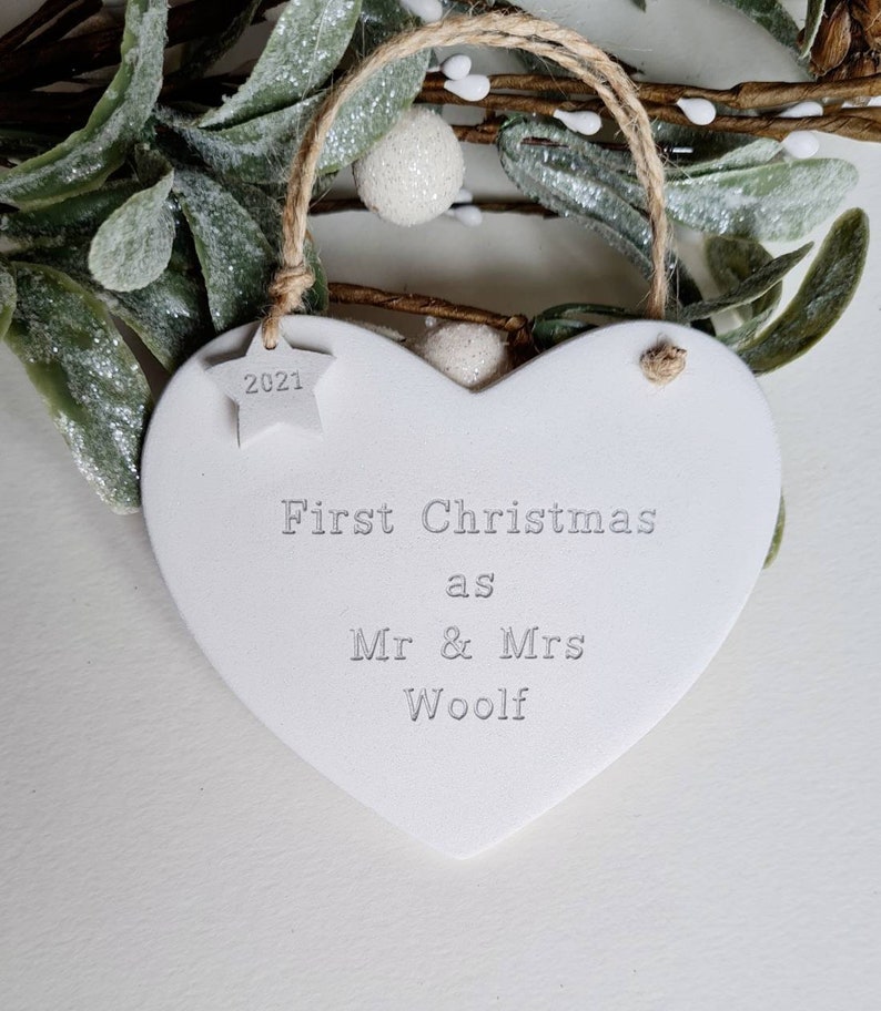 Personalised handmade clay new parents, first Christmas as Mr & Mrs, married, couple, together, tree decoration, bauble image 6