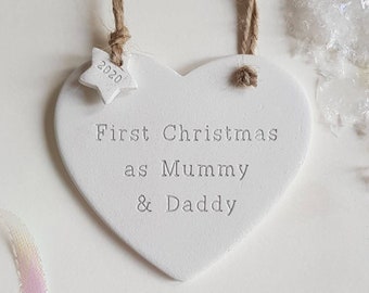 Personalised handmade clay new parents, first christmas as mummy & daddy/ first Christmas together, married, couple tree decoration, bauble