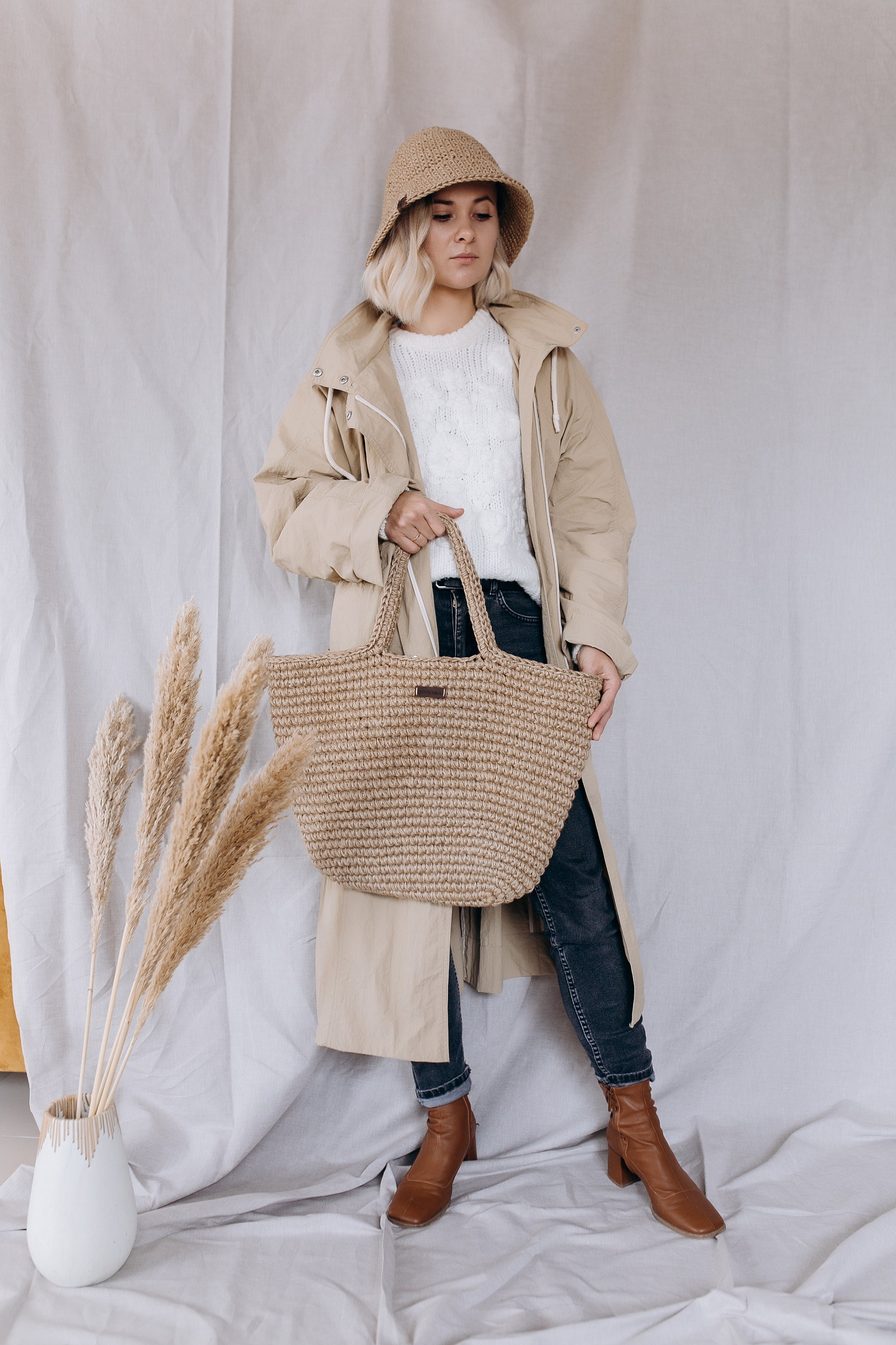 French Basket, Natural Shoulder Bag, Woven Bag, Big Wicker
