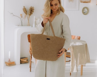 French Market Jute Tote Bag, Handmade Crochet Shopper, Large Woven Shoulder Bag, Natural Market Tote, Eco Friendly Everyday Bag