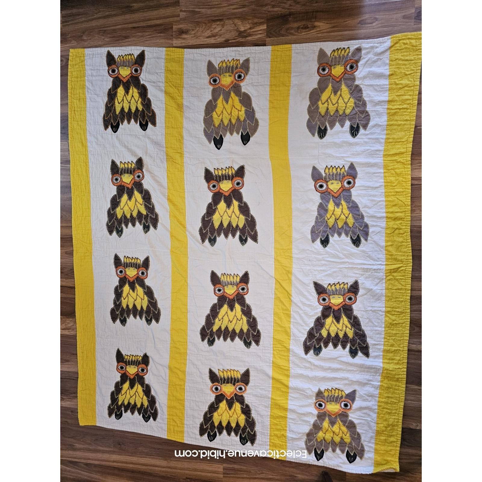 Handmade Quilt Owl Pattern 1970s  64x77