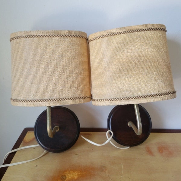 Mcm Wall Lamps - Wooden Base with Oval Fabric Drum Shades Vintage, Brazil