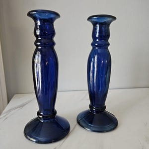 Spanish Glass Candlestick Holders Cobalt Blue