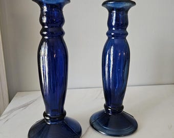 Spanish Glass Candlestick Holders Cobalt Blue