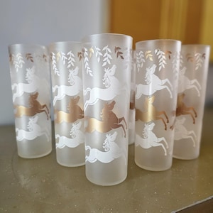 Libbey Cavalcade Tom Collins Glasses 7pc Horse Pattern Barware