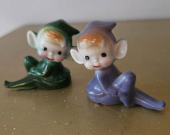 Vintage Porcelain Pixie Elf Figurines Blue & Green Sitting