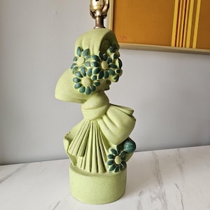 Vintage Plasto Lamp Mcm Green Bow Floral Mid Century Chalkware
