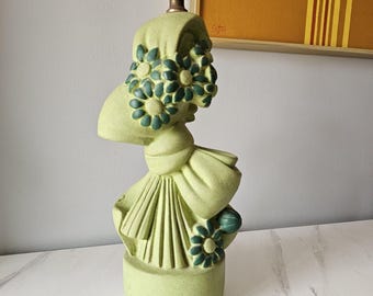 Vintage Plasto Lamp Mcm Green Bow Floral Mid Century Chalkware