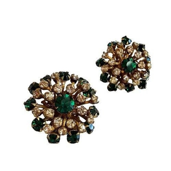 Miriam Haskell Earrings Green & Clear Rhinestones 
