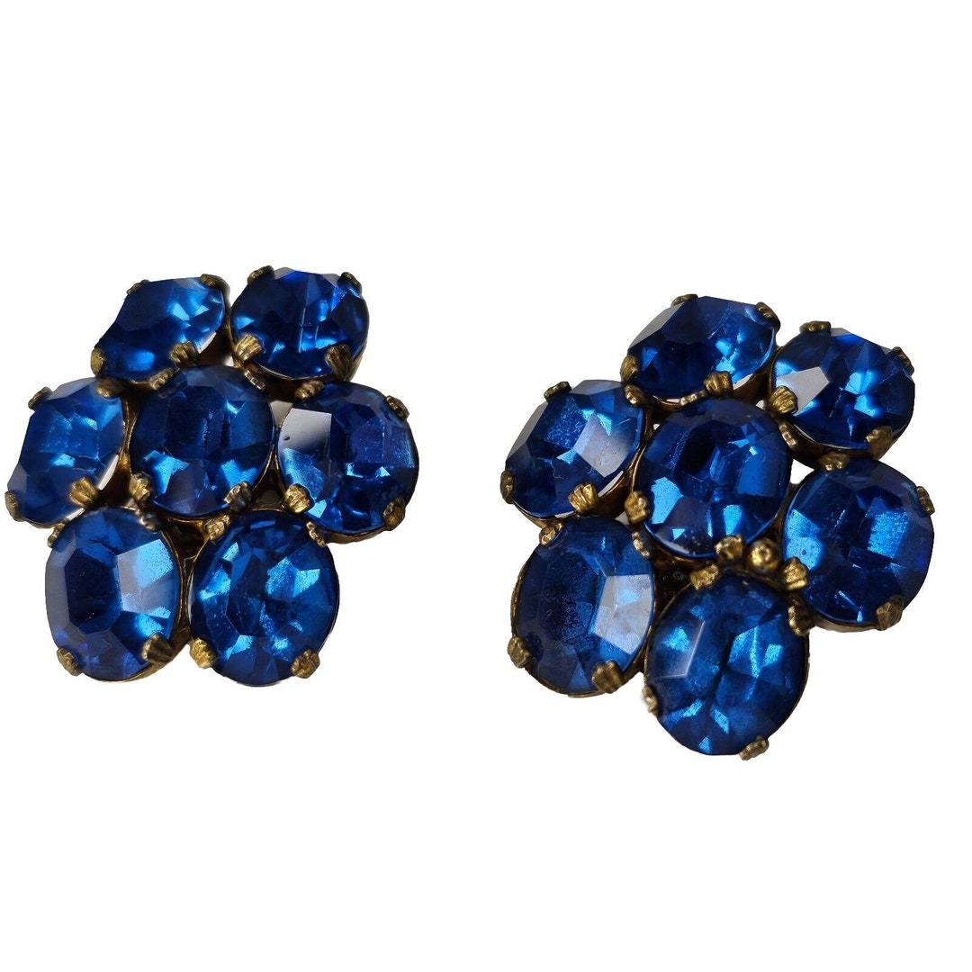 Vintage Art Deco Earrings Clip Ons Sterling Silver Large Blue Etsy