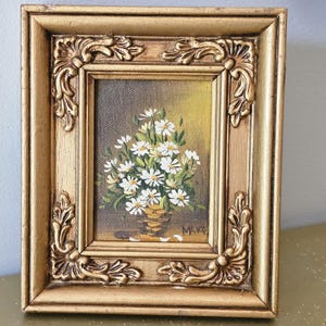Mid Century Framed Painting Floral Still Life 5x6.5 1970s
