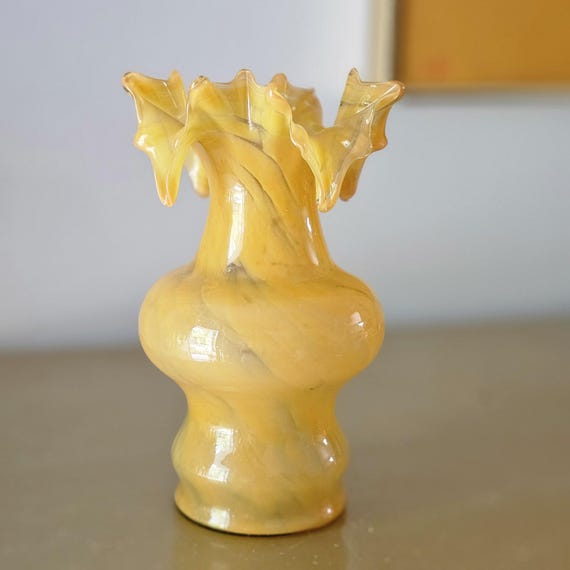 ヴィンテージアートガラス花瓶 フリル付きオレンジ渦巻き 8