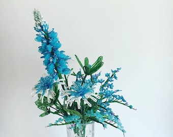 Blue French Beaded Flower Bouquet: Texas Wildflower Decor