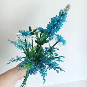 Texas wildflower decor beaded bouquet Blue french beaded flowers Bouquet arrangement French glass beaded flowers Bunch of beaded flowers