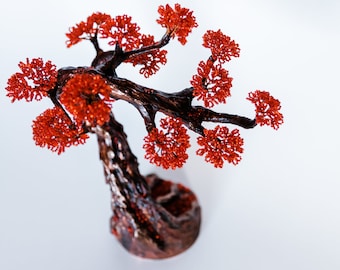 Großer roter Perlen - Bonsai Baum - Drahtskulptur - Handgefertigtes Wohndekor