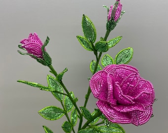 Magenta Beaded Rose, French Beaded Flower, June Birth Flower