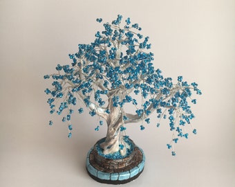 Blue beaded tree of life art Wire tree sculpture