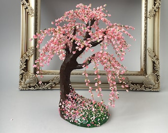 Perlen Kirschblüten Bonsai Baum, Draht Skulptur Büro Dekor