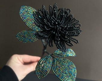 French beaded flower Black dahlia flower artificial flower long stem. Faux flowers dark dahlia. Floral centerpiece home decor