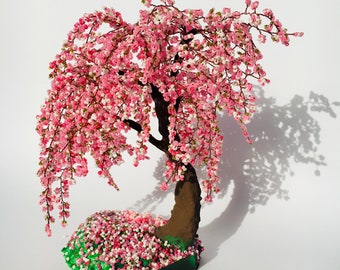 Árbol de bonsái de flor de cerezo, decoración de oficina, escultura de árbol de alambre, bonsái de sakura japonés, decoración de árbol, bonsái de cerezo, bonsái con cuentas