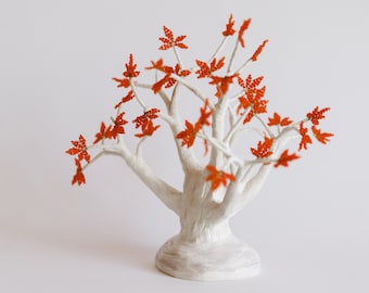 Beaded Bonsai Tree Centerpiece, Orange Maple Weirwood Sculpture